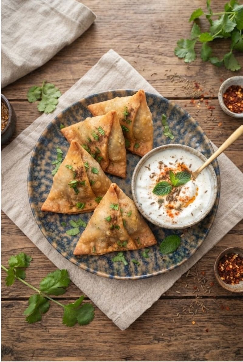 Samossas aux légumes, sauce yaourt au cumin Samossas aux légumes, sauce yaourt au cumin
