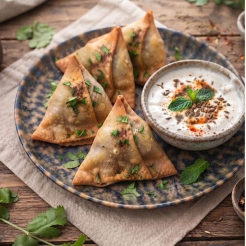 Samossas aux légumes, sauce yaourt au cumin