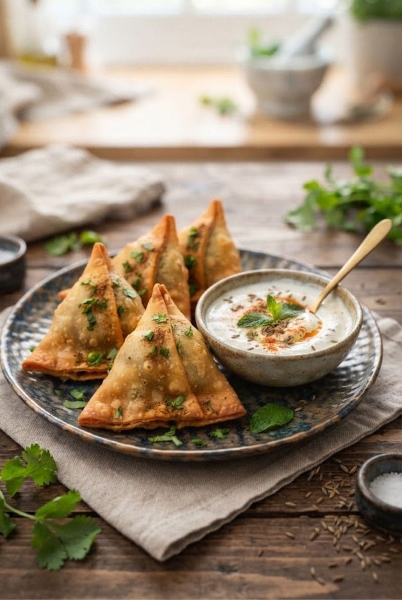 Samossas aux légumes, sauce yaourt au cumin Samossas aux légumes, sauce yaourt au cumin