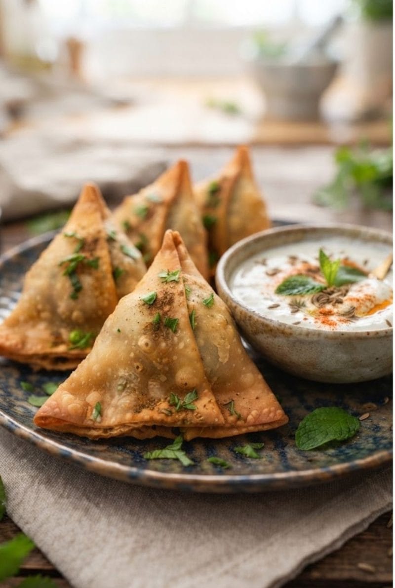 Samossas aux légumes, sauce yaourt au cumin Samossas aux légumes, sauce yaourt au cumin