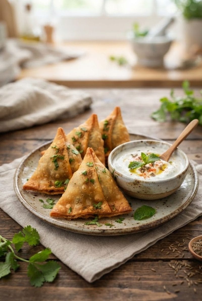 Samossas aux légumes, sauce yaourt au cumin Samossas aux légumes, sauce yaourt au cumin