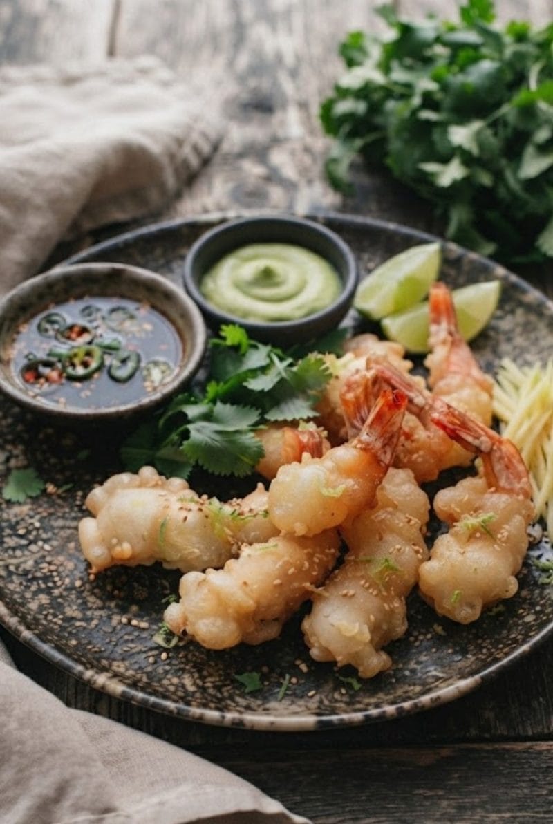 Tempuras de gambas au gingembre et citron vert Tempuras de gambas au gingembre et citron vert