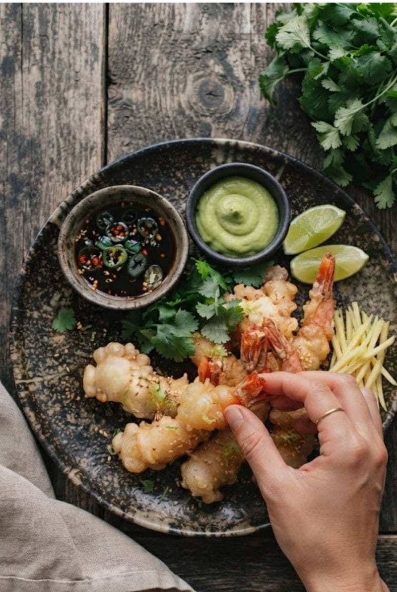 Tempuras de gambas au gingembre et citron vert Tempuras de gambas au gingembre et citron vert