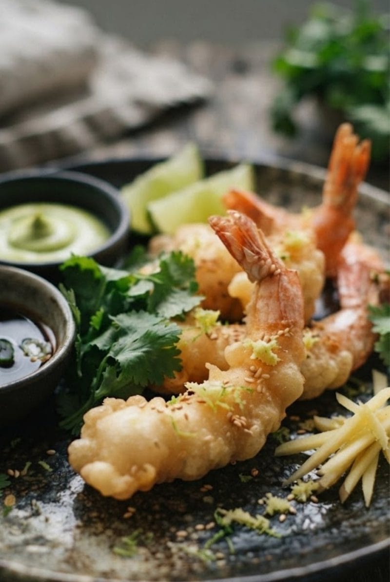 Tempuras de gambas au gingembre et citron vert Tempuras de gambas au gingembre et citron vert