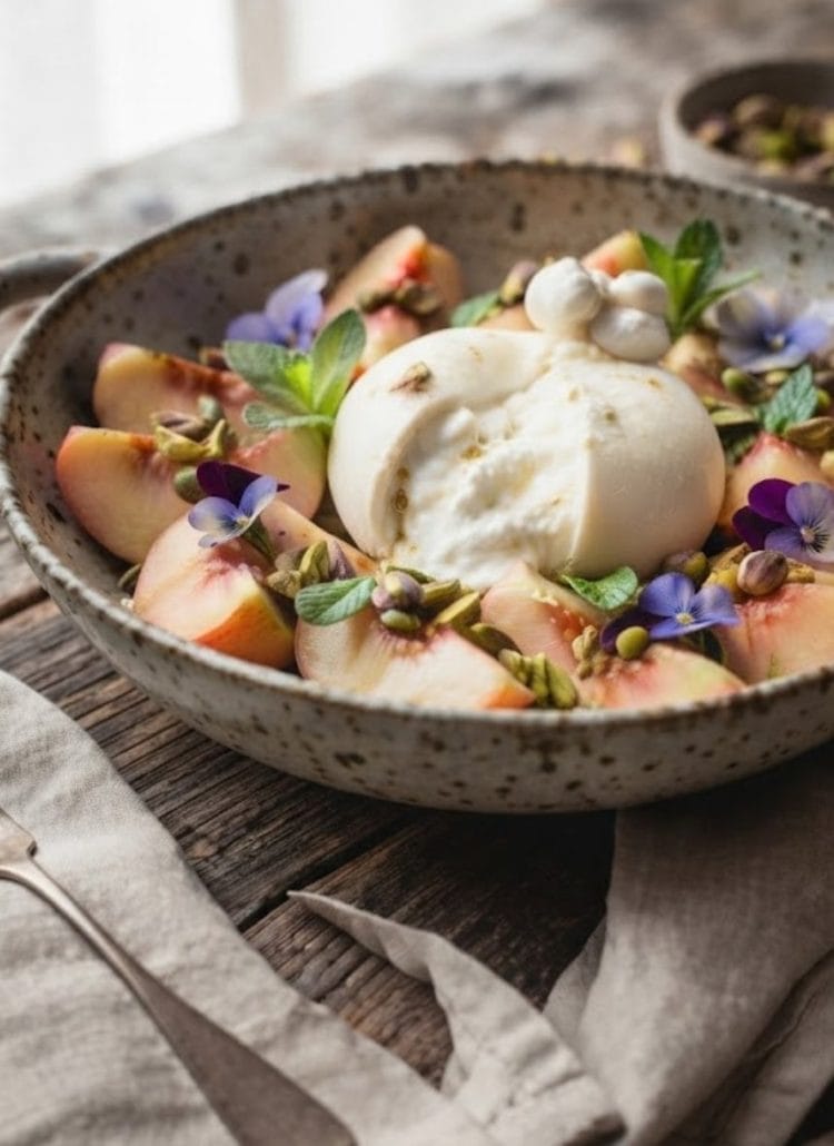 Salade de pêches blanches à la burrata