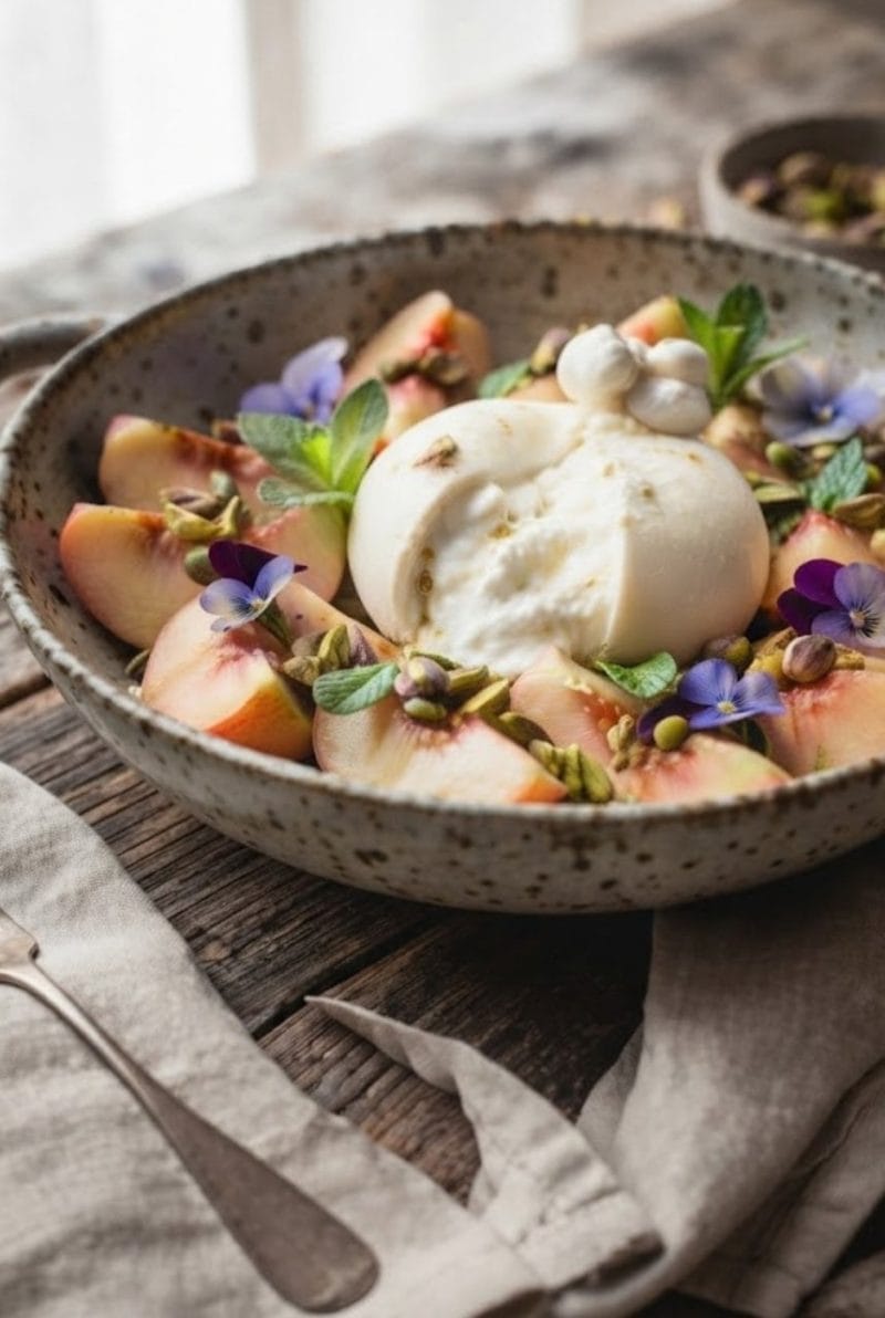 Salade de pêches blanches à la burrata
