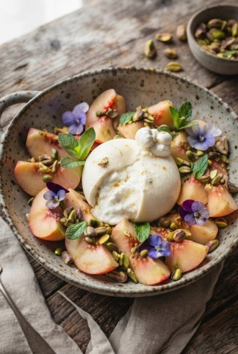 Salade de pêches blanches à la burrata
