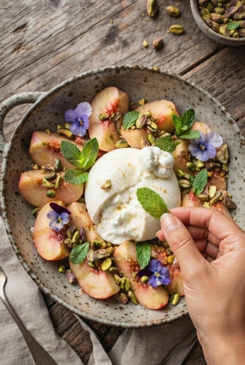 Salade de pêches blanches à la burrata