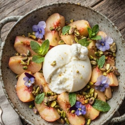 Salade de pêches blanches à la burrata