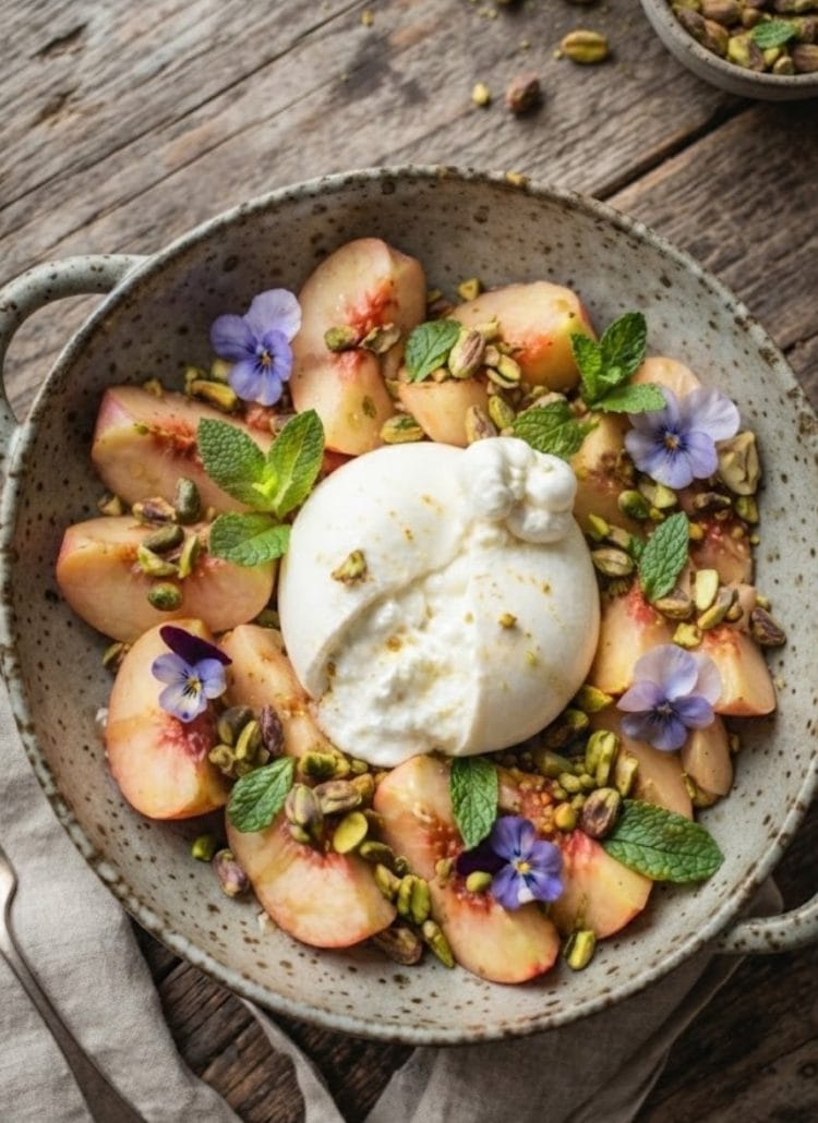 Salade de pêches blanches à la burrata