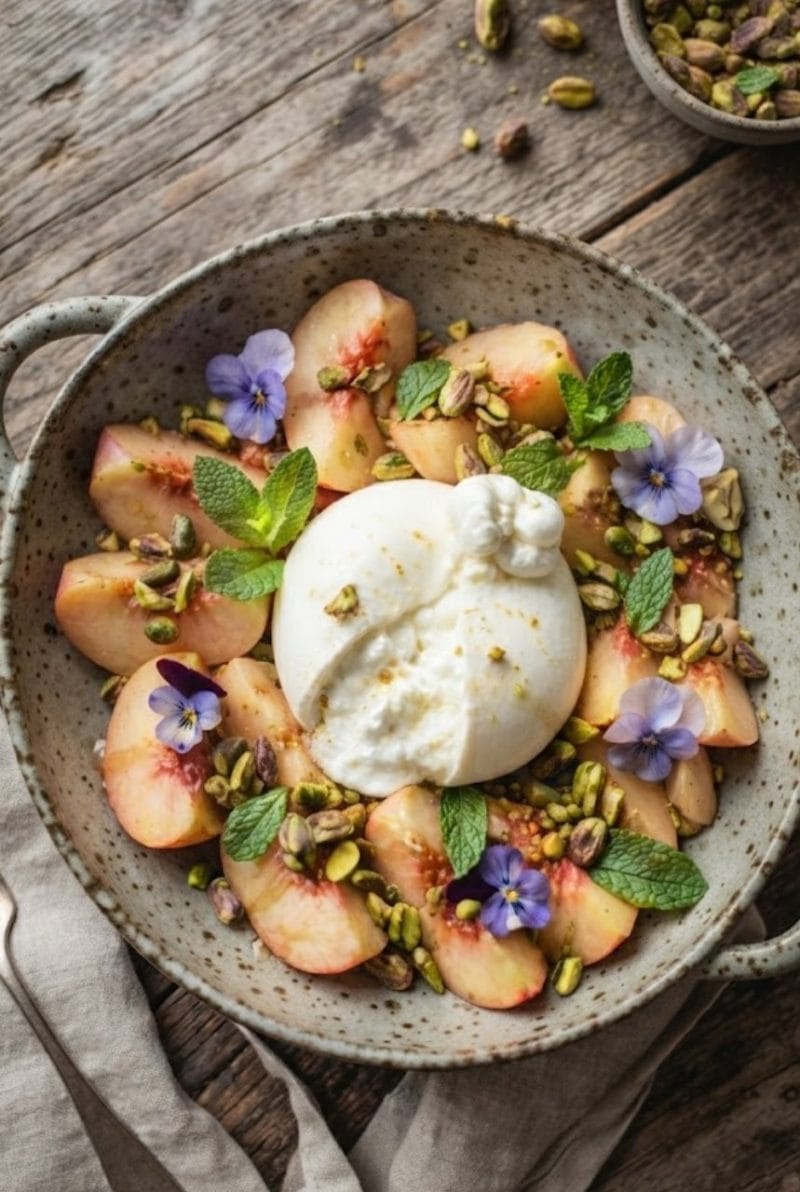 Salade de pêches blanches à la burrata