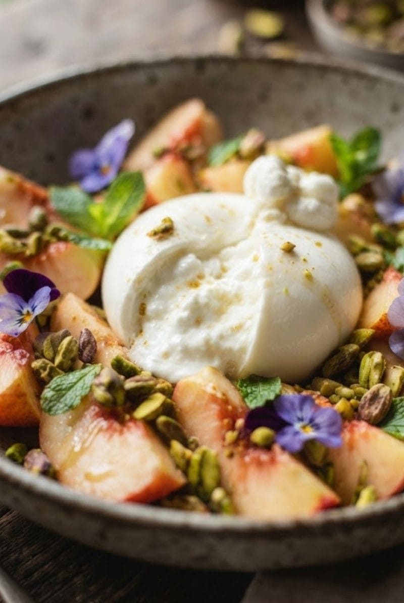 Salade de pêches blanches à la burrata