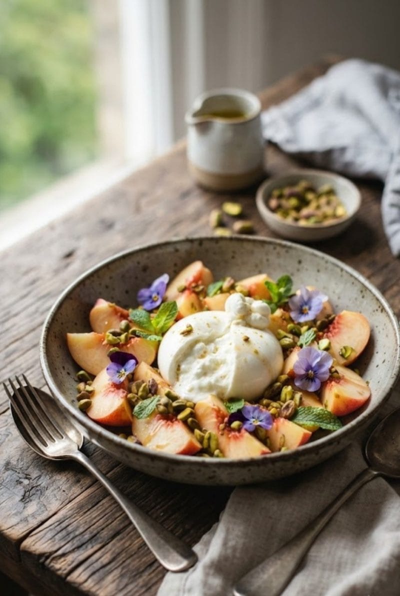Salade de pêches blanches à la burrata