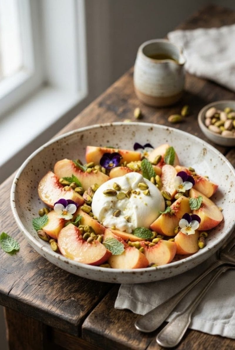 Salade de pêches blanches à la burrata