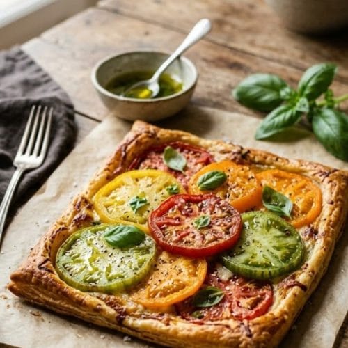 tarte fine aux tomates anciennes à l'huile de vanille