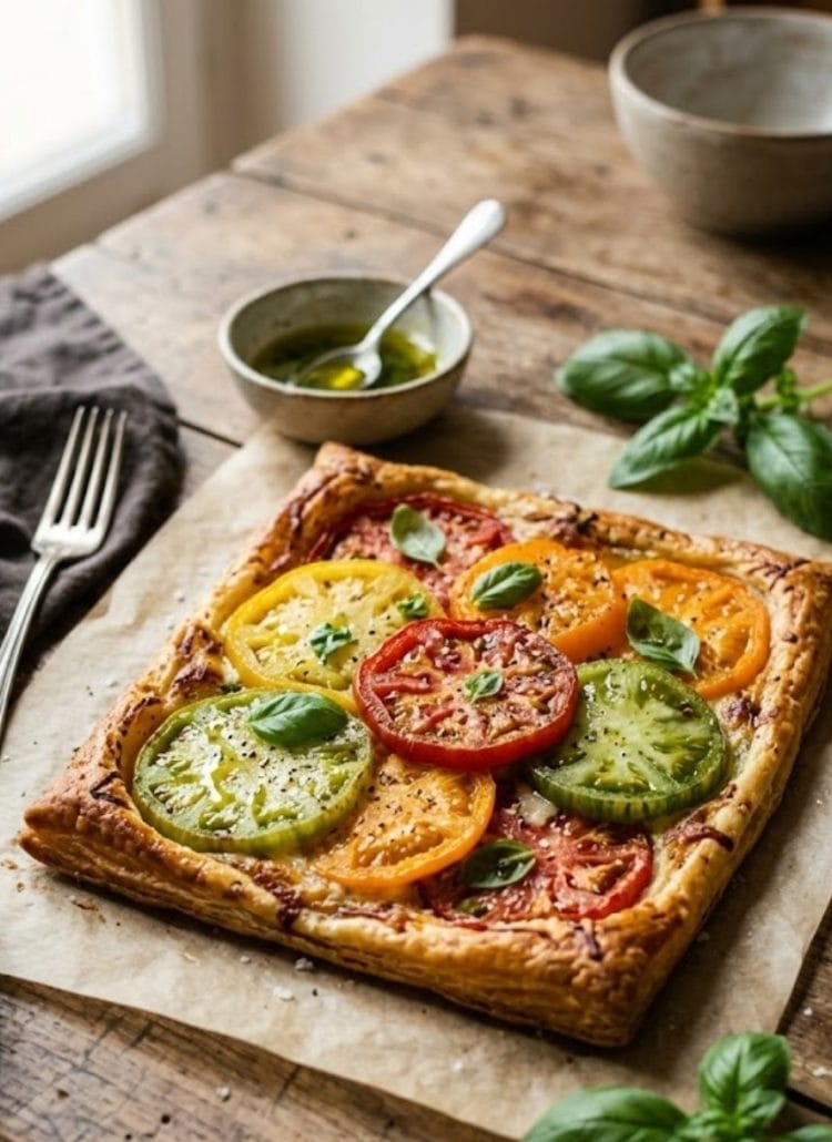 tarte fine aux tomates anciennes à l'huile de vanille
