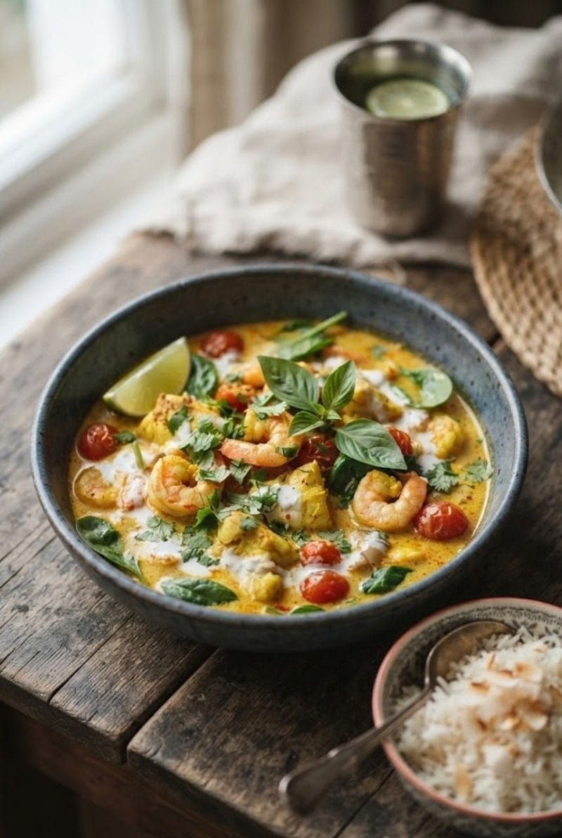 Curry de poisson et gambas à la coco