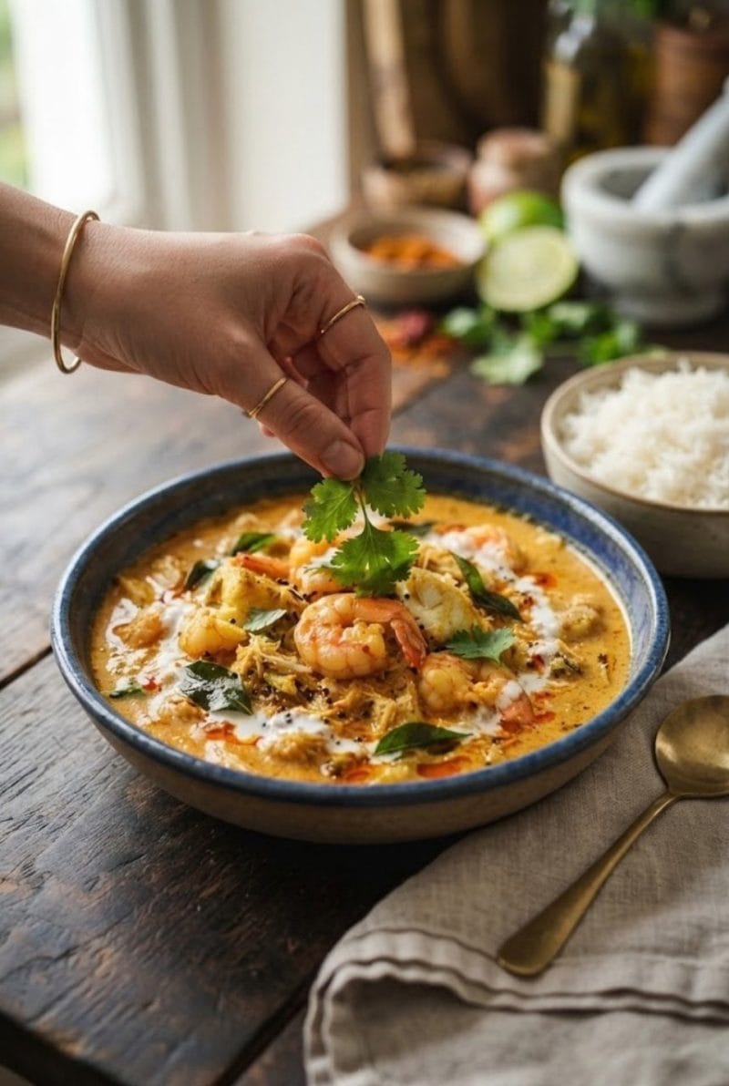 Curry de poisson et gambas à la coco
