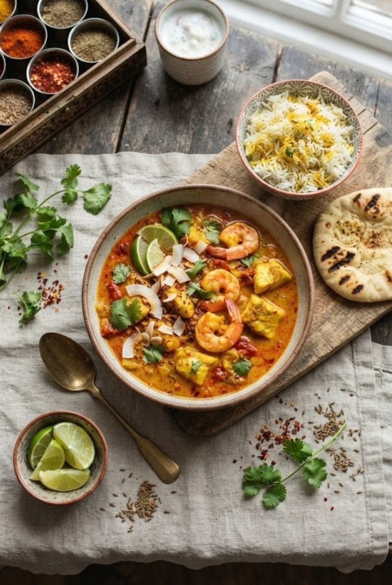 Curry de poisson et gambas à la coco