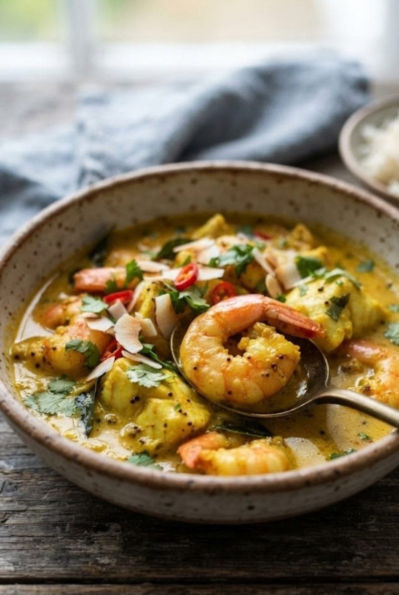 Curry de poisson et gambas à la coco