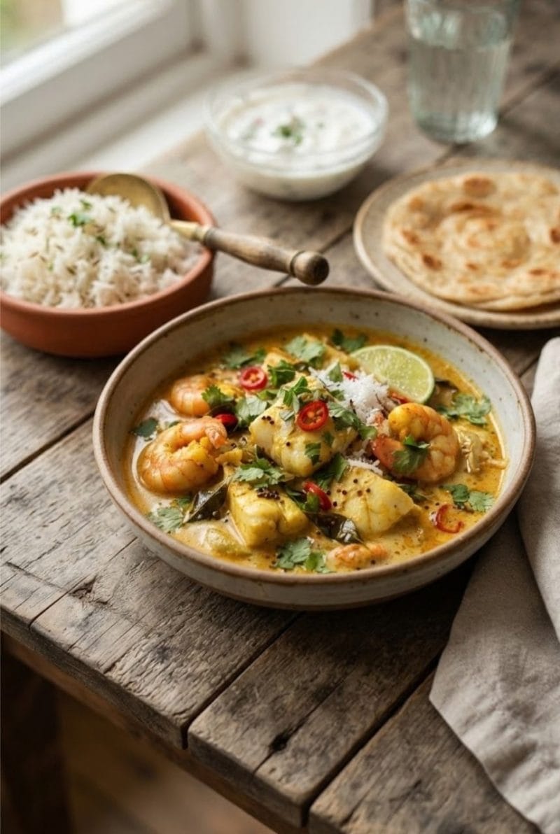Curry de poisson et gambas à la coco