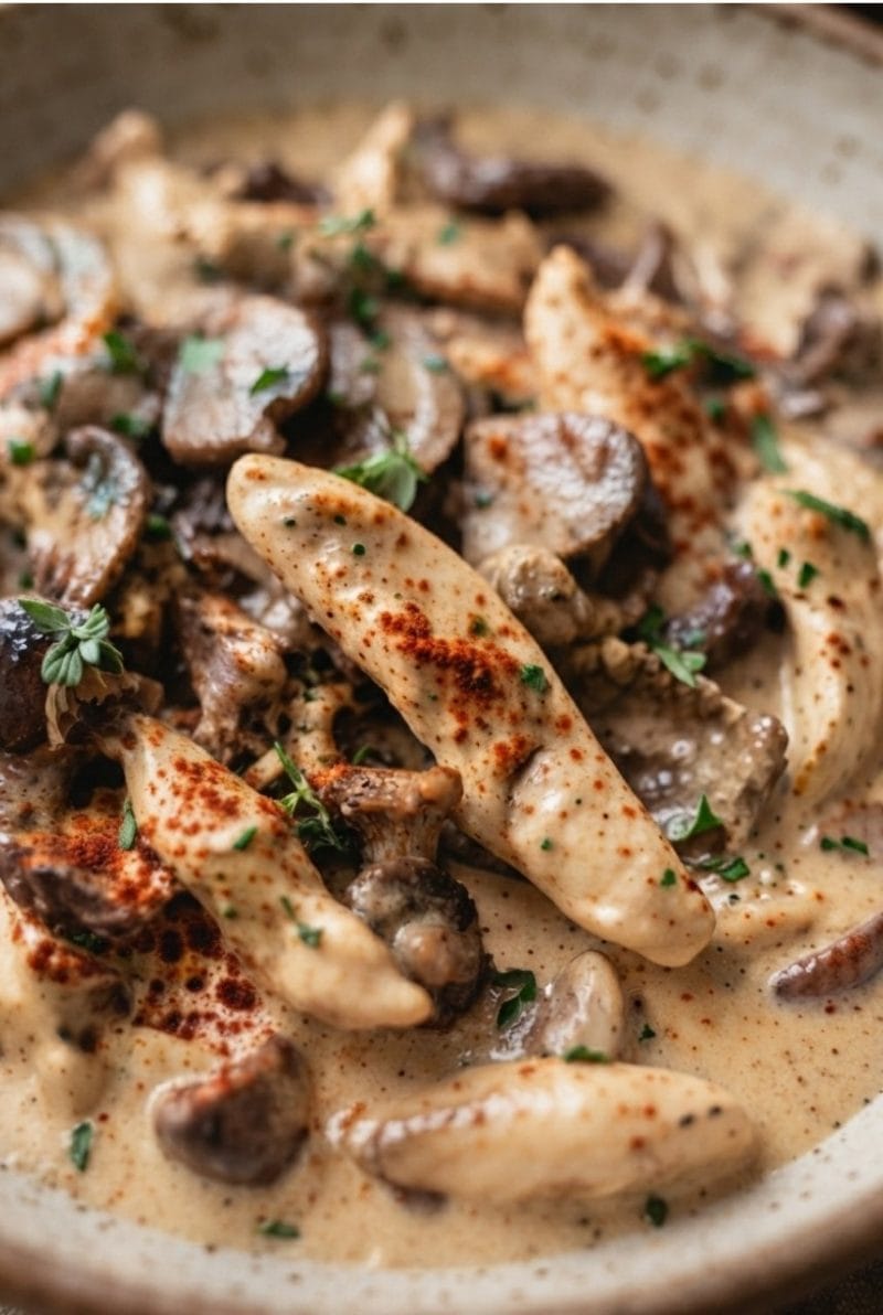 Émincé de poulet aux champignons et paprika doux