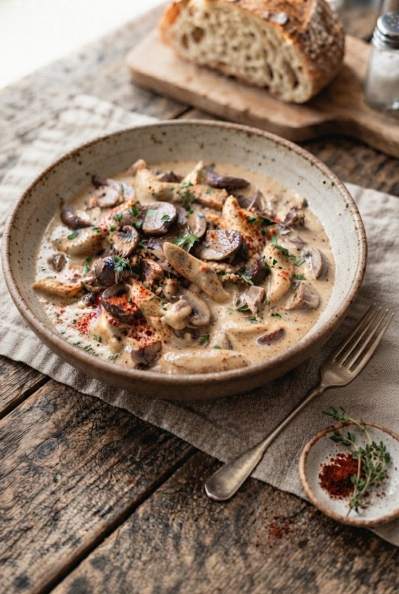 Émincé de poulet aux champignons et paprika doux