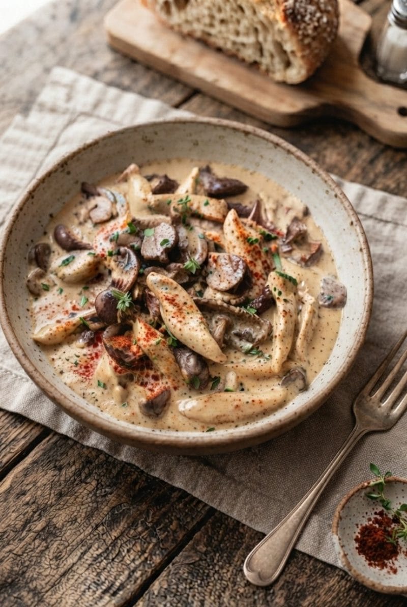 Émincé de poulet aux champignons et paprika doux