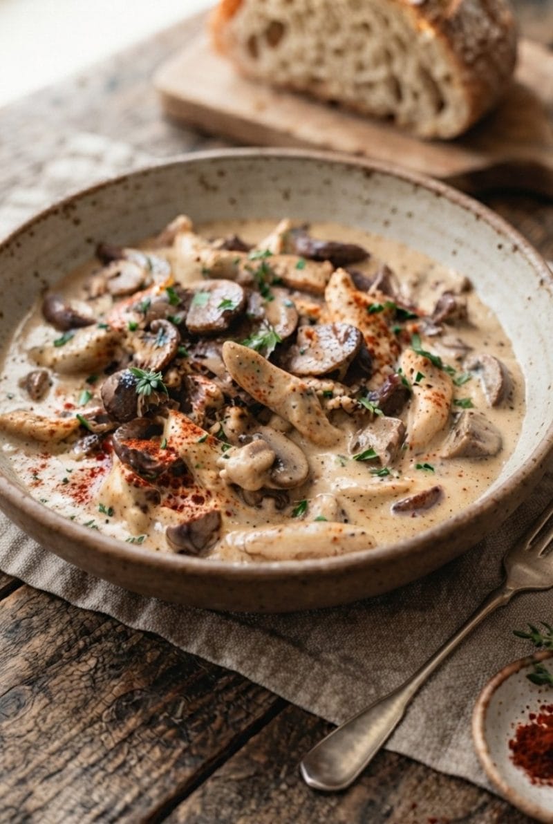 Émincé de poulet aux champignons et paprika doux