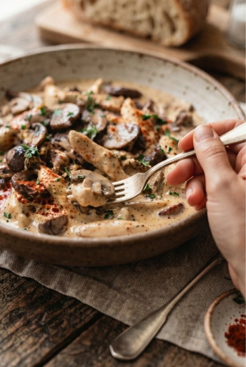 Émincé de poulet aux champignons et paprika doux