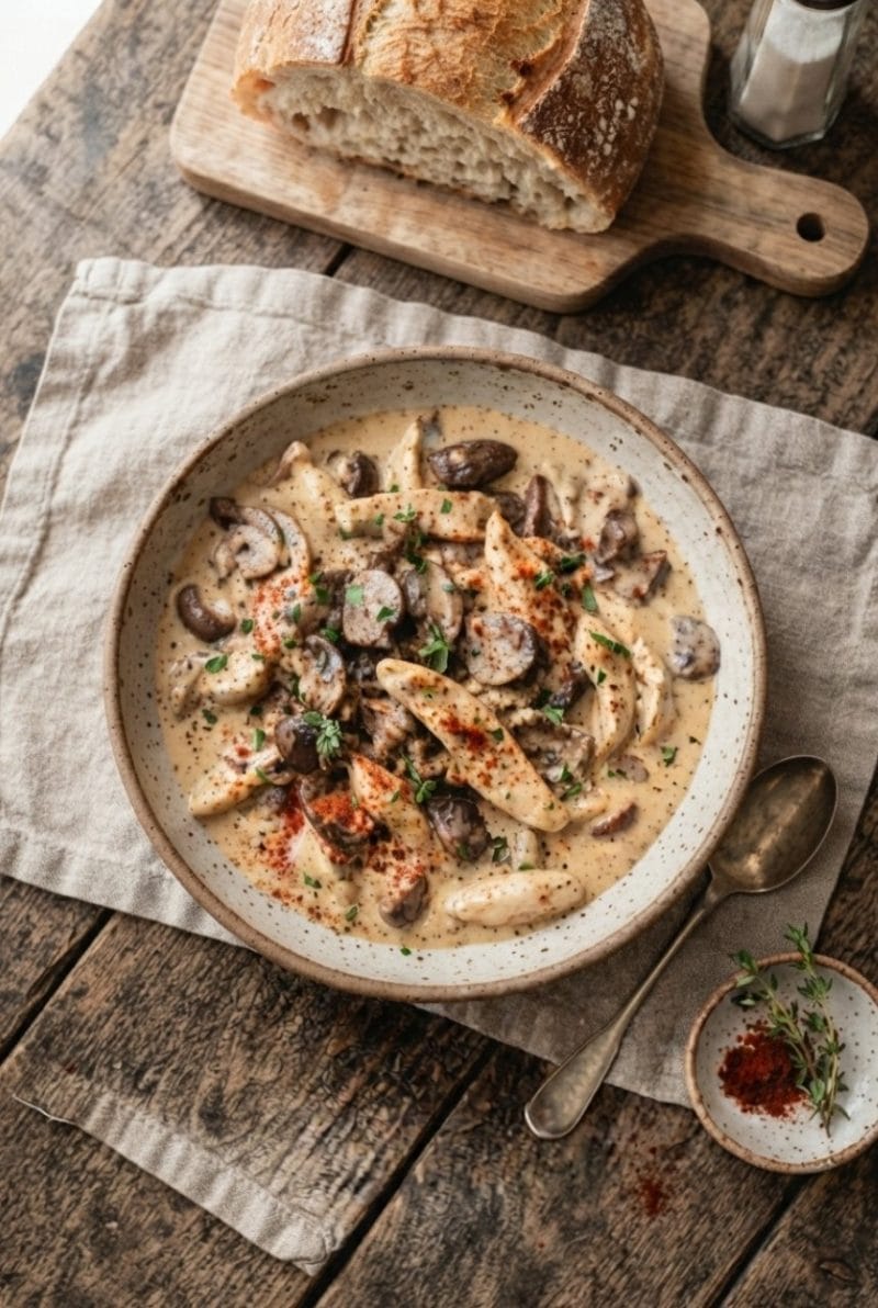 Émincé de poulet aux champignons et paprika doux