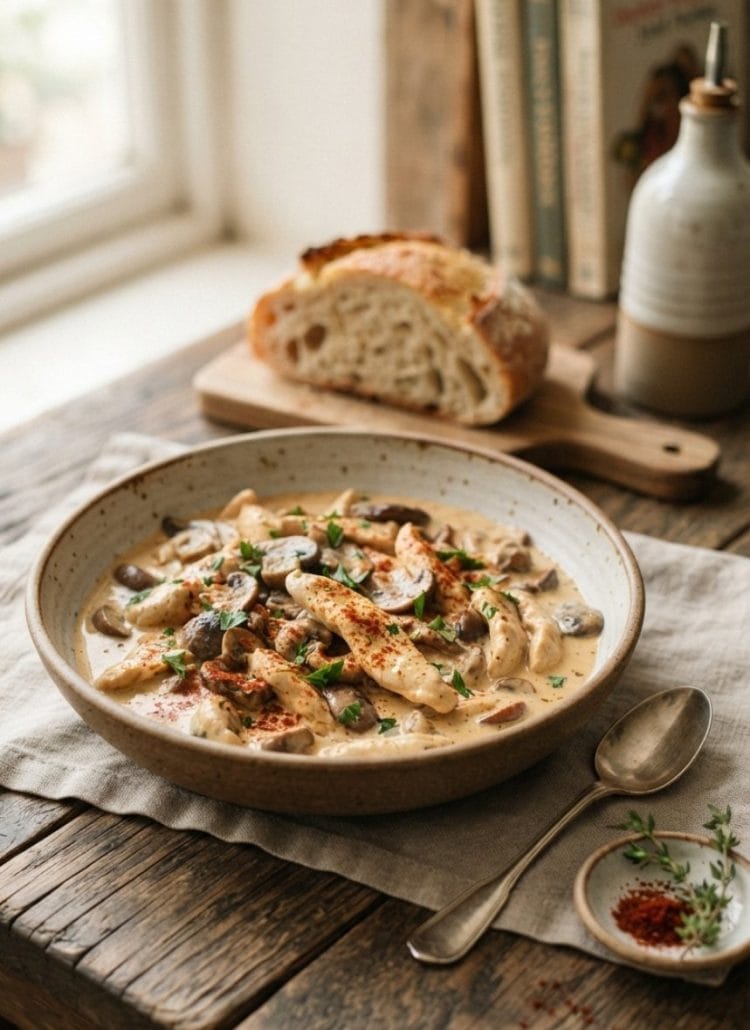Émincé de poulet aux champignons et paprika doux