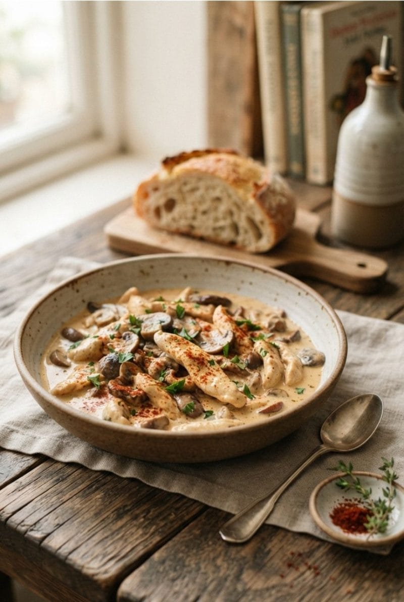 Émincé de poulet aux champignons et paprika doux