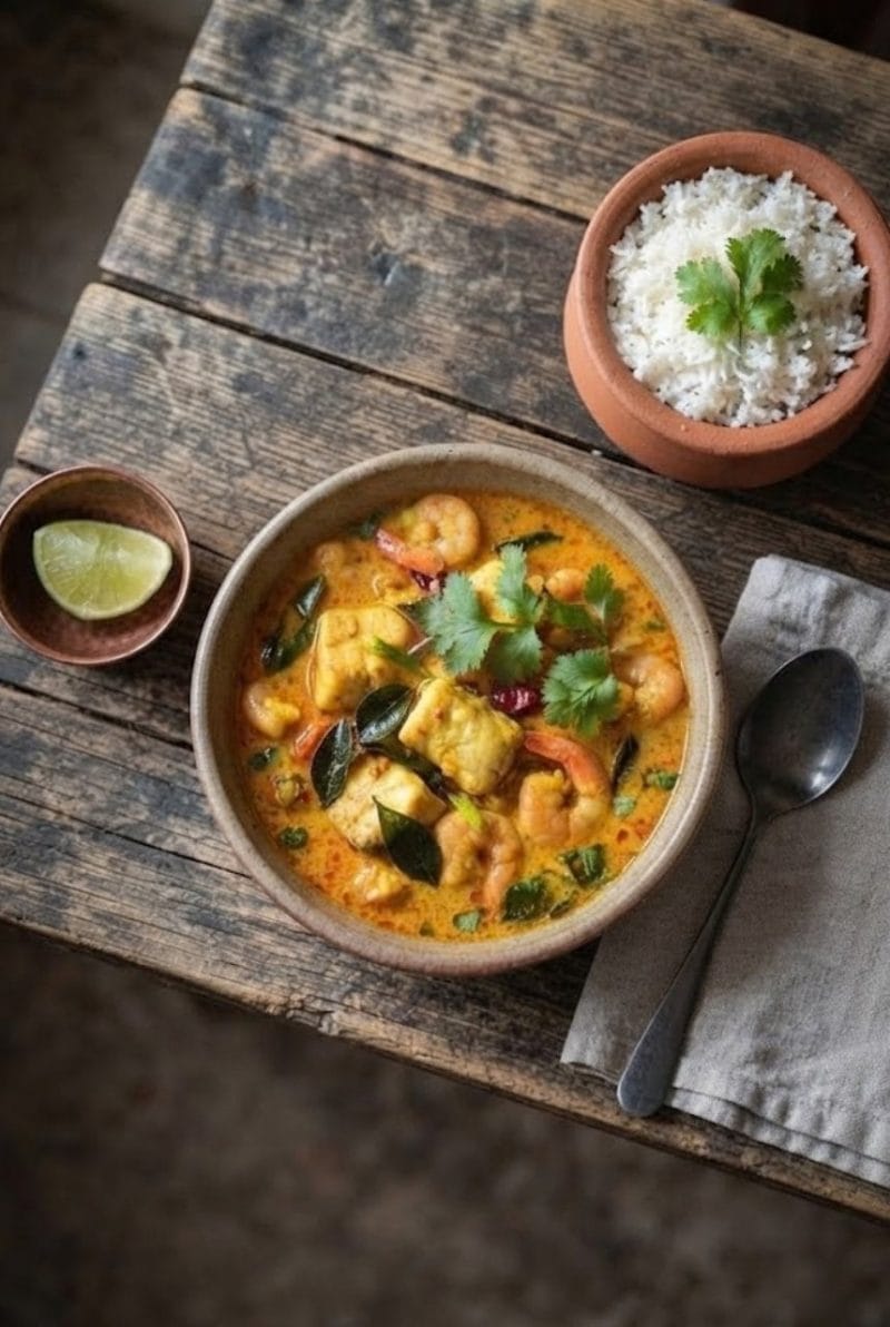 Curry de poisson et gambas à la coco